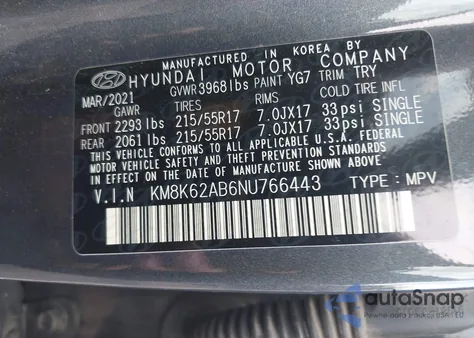 2022 Hyundai Kona Sel z USA, uszkodzony, nr VIN KM8K62AB6NU766443